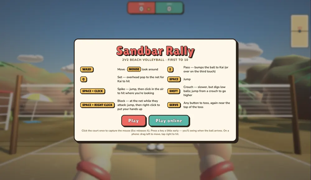 Sandbar Rally start screen with controls and a Play button